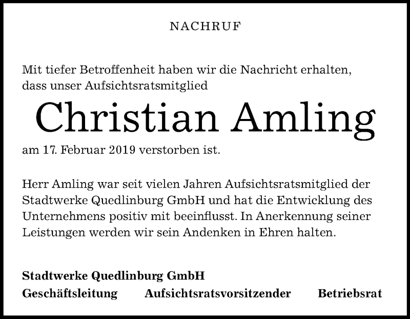  Traueranzeige für Christian Amling vom 06.03.2019 aus Mitteldeutsche Zeitung Quedlinburg