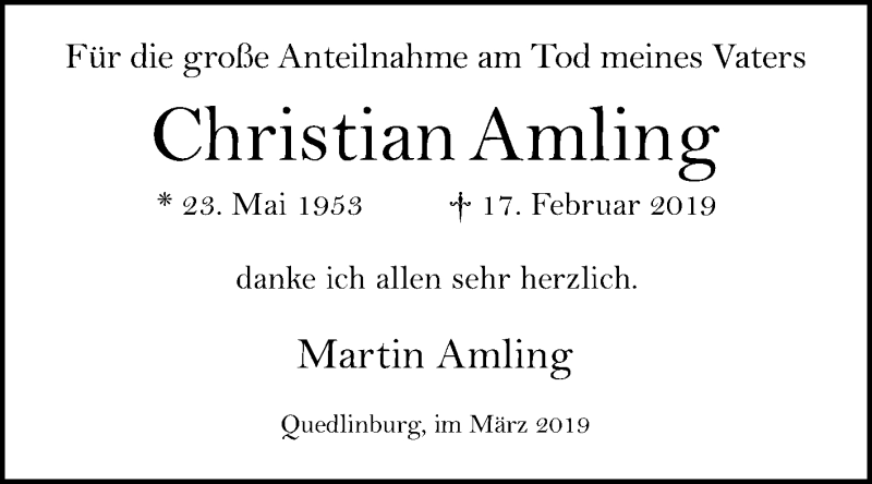  Traueranzeige für Christian Amling vom 09.03.2019 aus Mitteldeutsche Zeitung Quedlinburg