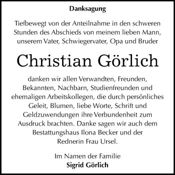 Traueranzeige von Christian Görlich von Super Sonntag SGH Mansf. Land