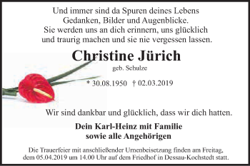 Traueranzeige von Christine Jürich von WVG - Wochenspiegel Dessau / Köthen