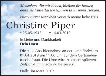 Traueranzeige von Christine Piper von Mitteldeutsche Zeitung