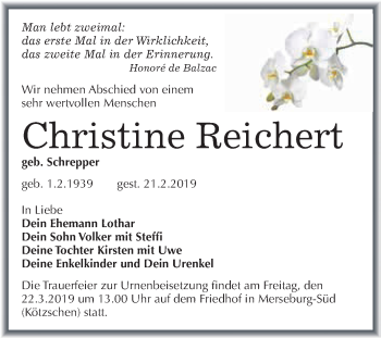 Traueranzeige von Christine Reichert von WVG - Wochenspiegel Merseburg