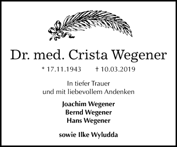 Traueranzeige von Crista Wegener von Mitteldeutsche Zeitung Halle/Saalkreis