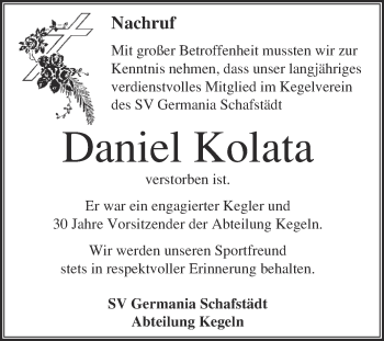 Traueranzeige von Daniel Kolata von Super Sonntag Merseburg