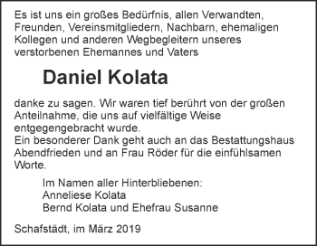 Traueranzeige von Daniel Kolata von WVG - Wochenspiegel Merseburg