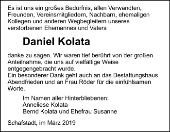 Traueranzeige von Daniel Kolata von Mitteldeutsche Zeitung