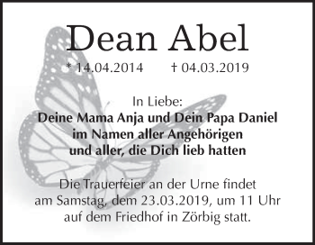 Traueranzeige von Dean Abel von WVG - Wochenspiegel Bitterfeld