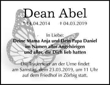 Traueranzeige von Dean Abel von Mitteldeutsche Zeitung Bitterfeld