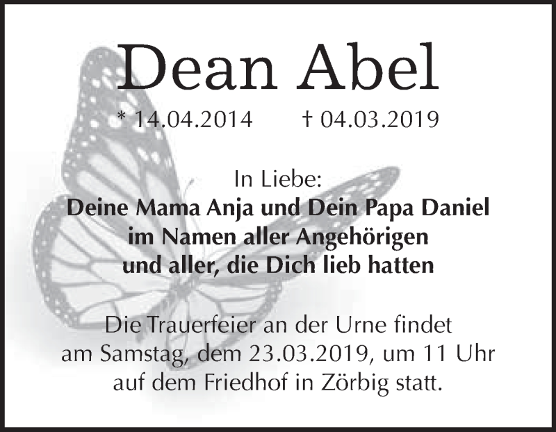 Traueranzeige für Dean Abel vom 13.03.2019 aus WVG - Wochenspiegel Bitterfeld