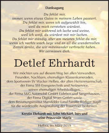 Traueranzeige von Detlef Ehrhardt von Wochenspiegel Mansfelder Land