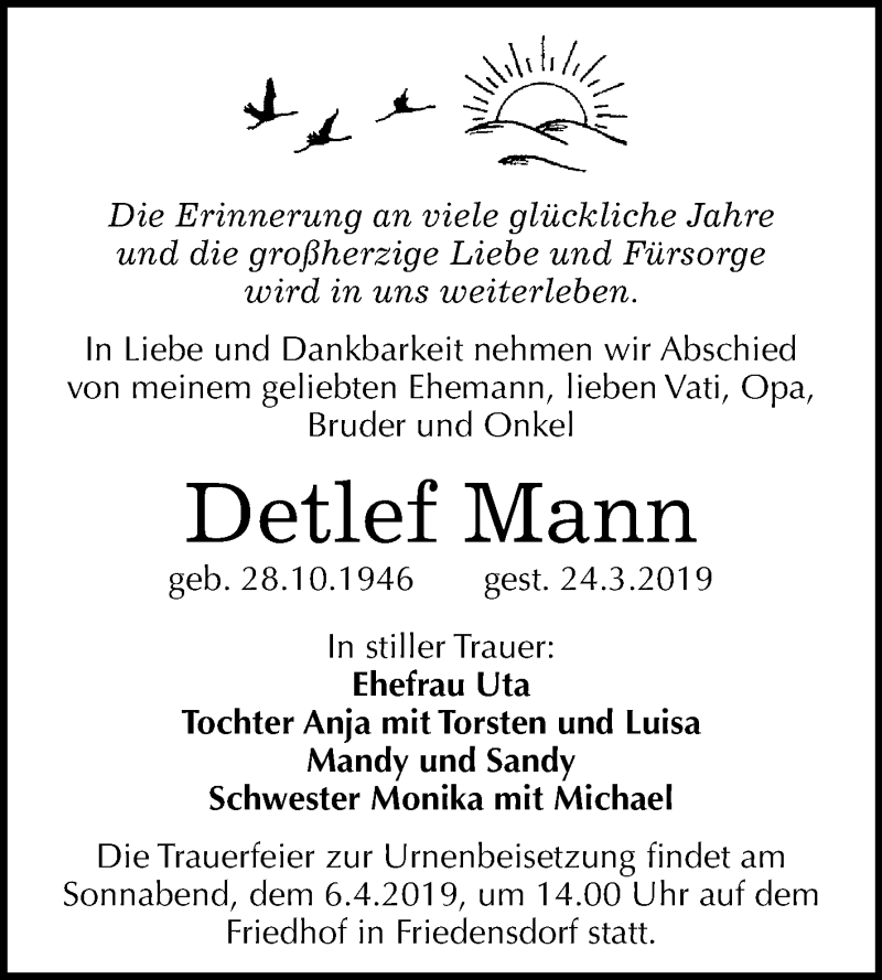  Traueranzeige für Detlef Mann vom 30.03.2019 aus WVG - Wochenspiegel Merseburg