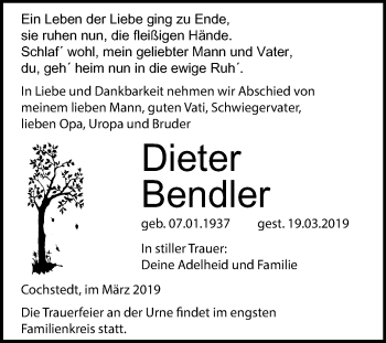 Traueranzeige von Dieter Bendler von Mitteldeutsche Zeitung Aschersleben