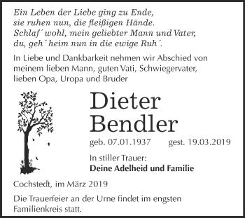 Traueranzeige von Dieter Bendler von Super Sonntag Aschersleben