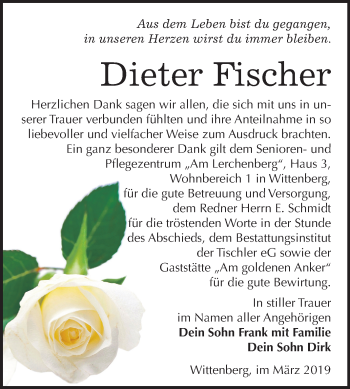 Traueranzeige von Dieter Fischer von Mitteldeutsche Zeitung
