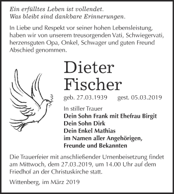 Traueranzeige von Dieter Fischer von WVG - Wochenspiegel Wittenberg