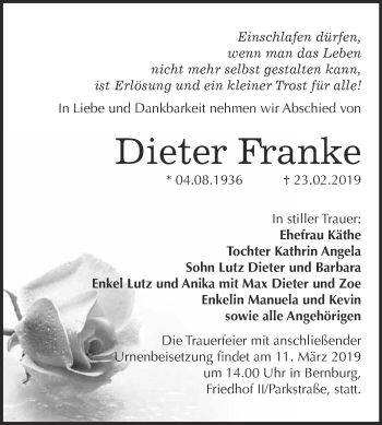 Traueranzeige von Dieter Franke von Super Sonntag Bernburg