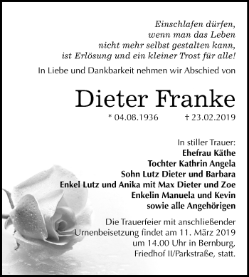 Traueranzeige von Dieter Franke von Mitteldeutsche Zeitung