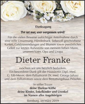 Traueranzeige von Dieter Franke von Super Sonntag Bernburg