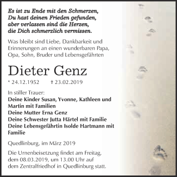 Traueranzeige von Dieter Genz von Super Sonntag Quedlinburg