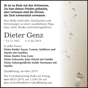 Traueranzeige von Dieter Genz von Mitteldeutsche Zeitung Quedlinburg