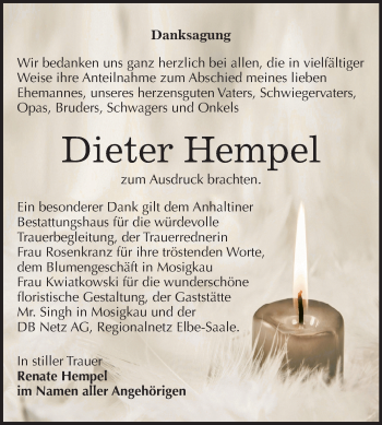 Traueranzeige von Dieter Hempel von Mitteldeutsche Zeitung Dessau-Roßlau