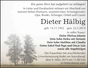 Traueranzeige von Dieter Hälbig von Super Sonntag Wittenberg