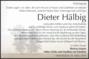 Traueranzeige von Dieter Hälbig von Super Sonntag Wittenberg