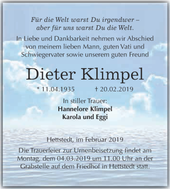 Traueranzeige von Dieter Klimpel von Wochenspiegel Mansfelder Land