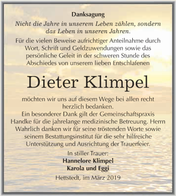 Traueranzeige von Dieter Klimpel von Wochenspiegel Mansfelder Land