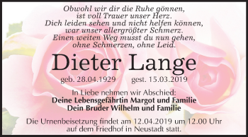 Traueranzeige von Dieter Lange von Mitteldeutsche Zeitung