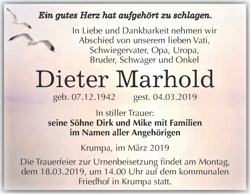  Traueranzeige für Dieter Marhold vom 09.03.2019 aus WVG - Wochenspiegel Merseburg