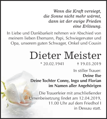 Traueranzeige von Dieter Meister von WVG - Wochenspiegel Dessau / Köthen