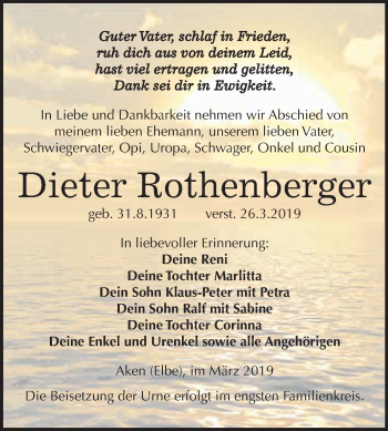 Traueranzeige von Dieter Rothenberger von WVG - Wochenspiegel Dessau / Köthen
