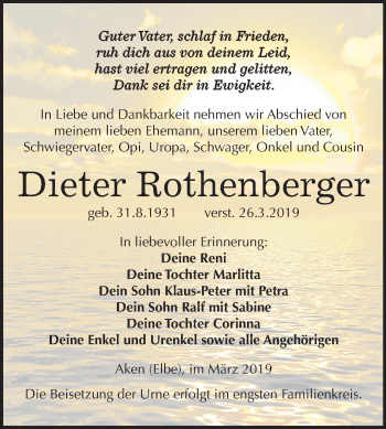 Traueranzeige von Dieter Rothenberger von Mitteldeutsche Zeitung Köthen