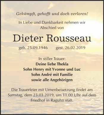 Traueranzeige von Dieter Rousseau von WVG - Wochenspiegel Bitterfeld