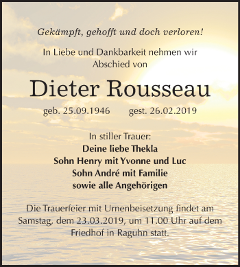 Traueranzeige von Dieter Rousseau von Mitteldeutsche Zeitung Bitterfeld