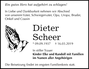 Traueranzeige von Dieter Scheer von Mitteldeutsche Zeitung Bernburg