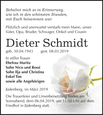 Traueranzeige von Dieter Schmidt von Mitteldeutsche Zeitung