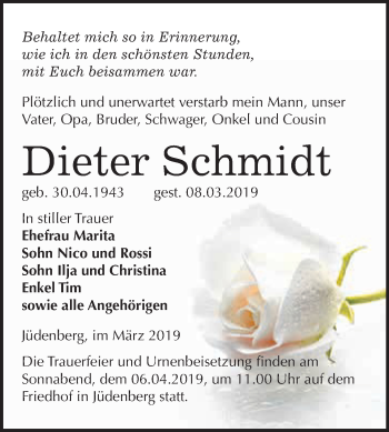 Traueranzeige von Dieter Schmidt von WVG - Wochenspiegel Wittenberg