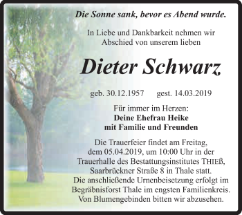 Traueranzeige von Dieter Schwarz von Super Sonntag Quedlinburg