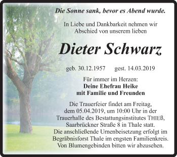 Traueranzeige von Dieter Schwarz von Mitteldeutsche Zeitung Quedlinburg