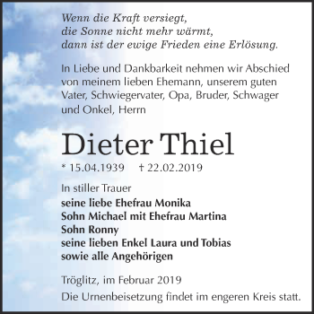 Traueranzeige von Dieter Thiel von WVG - Wochenspiegel NMB / WSF / ZTZ