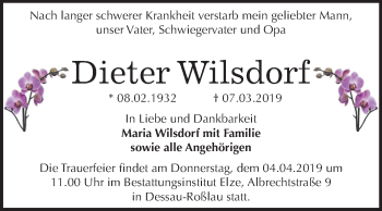 Traueranzeige von Dieter Wilsdorf von Mitteldeutsche Zeitung