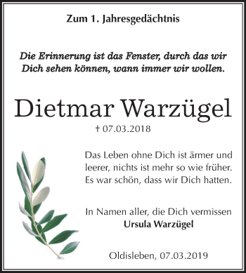 Traueranzeige von Dietmar Warzügel von Mitteldeutsche Zeitung Aschersleben
