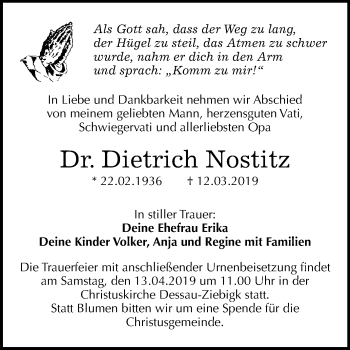 Traueranzeige von Dietrich Nostitz von Mitteldeutsche Zeitung Dessau-Roßlau
