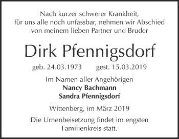 Traueranzeige von Dirk Pfennigsdorf von Super Sonntag Wittenberg