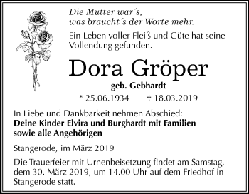 Traueranzeige von Dora Gröper von Mitteldeutsche Zeitung