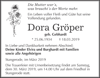 Traueranzeige von Dora Gröper von Super Sonntag SGH Mansf. Land