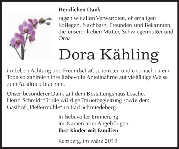 Traueranzeige von Dora Kähling von WVG - Wochenspiegel Wittenberg