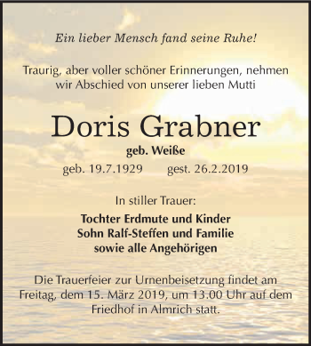 Traueranzeige von Doris Grabner von Super Sonntag Merseburg